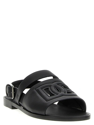 Dolce & Gabbana Leather Sandals Flat Sole Open Toe In Black