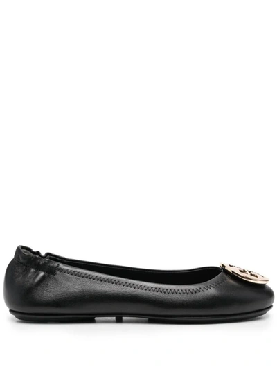 Shop Tory Burch Minnie Travel Ballet With Metal Logo Shoes In Black