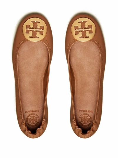 Shop Tory Burch Minnie Travel Ballet With Metal Logo Shoes In Brown