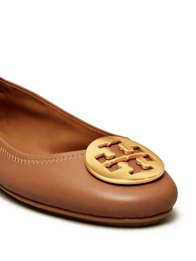 Shop Tory Burch Minnie Travel Ballet With Metal Logo Shoes In Brown