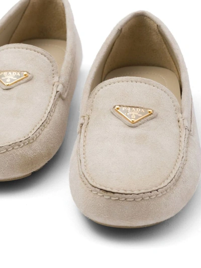 Shop Prada Triangle-logo Suede Driving Loafers In Pomice