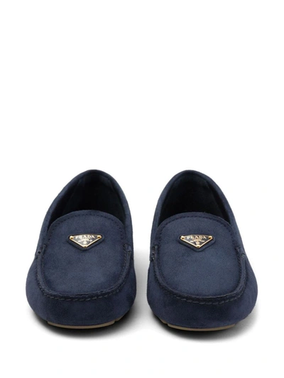 Shop Prada Triangle-logo Suede Driving Loafers In Bleu