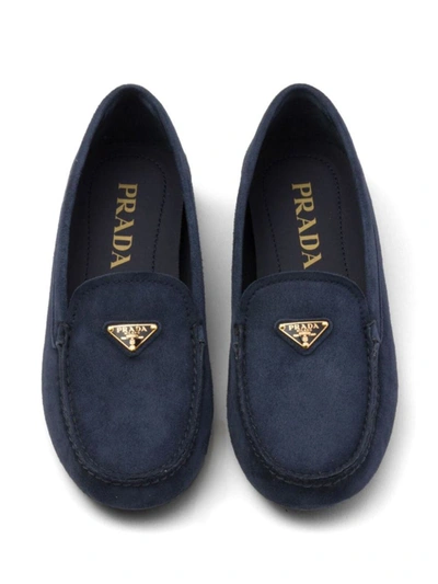 Shop Prada Triangle-logo Suede Driving Loafers In Bleu