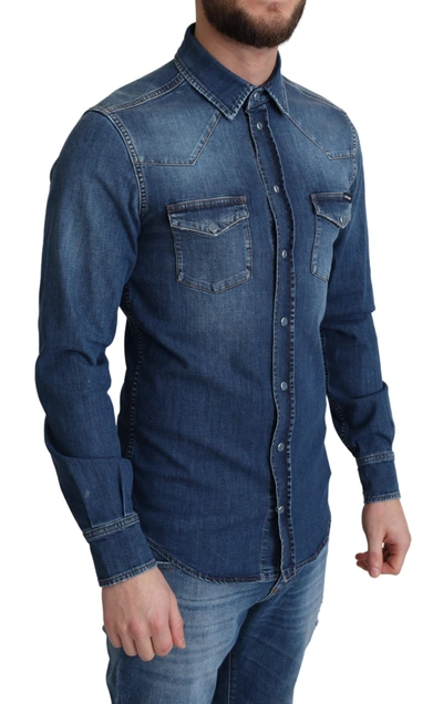 Shop Dolce & Gabbana Elegant Denim Long Sleeve Casual Men's Shirt In Blue