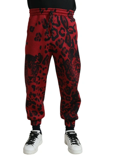 Shop Dolce & Gabbana Red Black Leopard Print Stretch Jogger Men's Pants In Black And Red