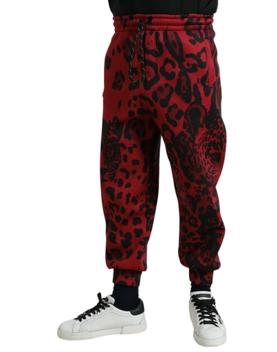 Shop Dolce & Gabbana Red Black Leopard Print Stretch Jogger Men's Pants In Black And Red