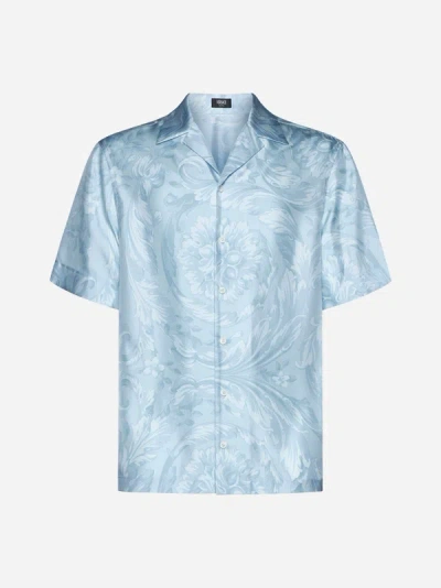 Shop Versace Barocco Print Silk Shirt In Pale Blue
