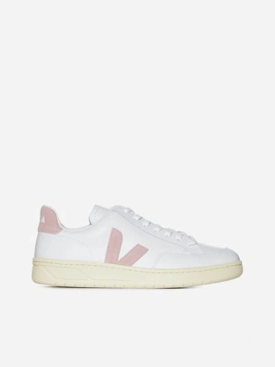Shop Veja V-12 Leather Sneakers In White,pink