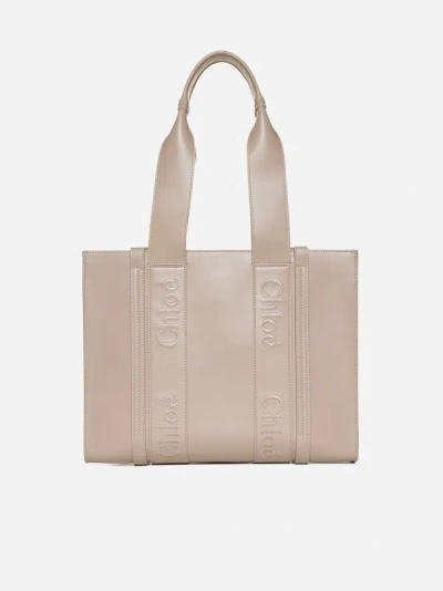 Shop Chloé Woody Medium Leather Tote Bag In Nomad Beige