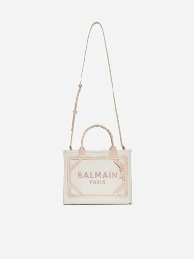 Shop Balmain B-army Canvas Small Tote Bag In Creme,nude Rose'