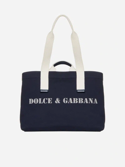 Shop Dolce & Gabbana Logo Canvas Tote Bag In Blue,white