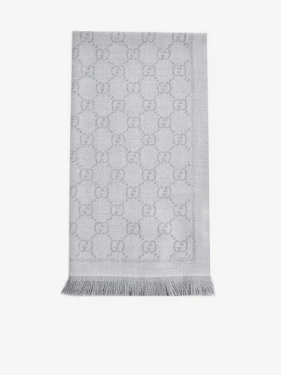 Shop Gucci Gg Motif Wool Scarf In Zinc,light Grey