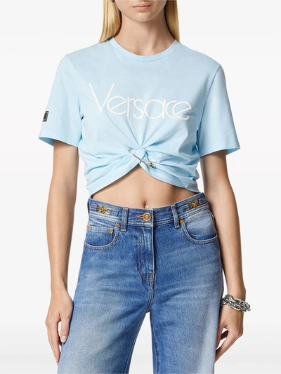 Shop Versace Women T-shirt Jersey Fabric Series  Logo Embroidery 80s In 2uq80 Pale Blue/bianco