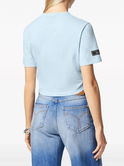 Shop Versace Women T-shirt Jersey Fabric Series  Logo Embroidery 80s In 2uq80 Pale Blue/bianco