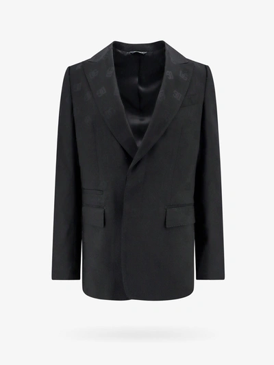 Dolce & Gabbana Wool Blazer With All-over Monogram In Black