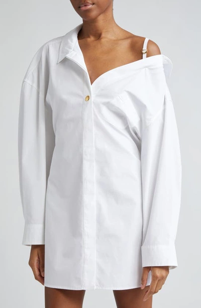 Shop Jacquemus La Mini Robe Chemise Long Sleeve Cotton Shirtdress In White