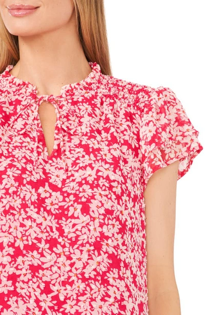 Shop Cece Floral Print Flutter Sleeve Top In Bright Rose Pink