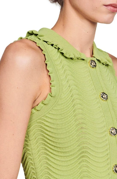 Shop Sandro Lina Ruffle Sleeveless Crop Sweater In Olive Green