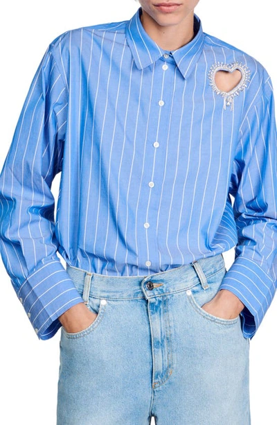 Shop Sandro Lovely Heart Cutout Stripe Button-up Shirt In Sky Blue