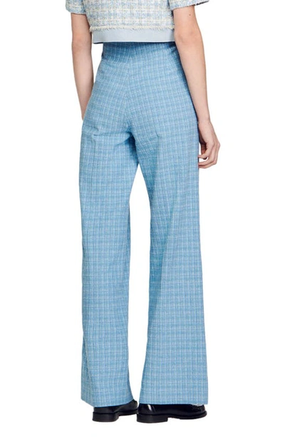 Shop Sandro Narsy High Waist Wide Leg Tweed Pants In Blue