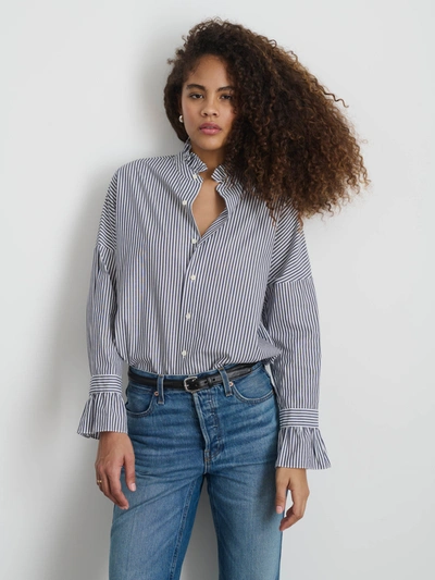 Shop Alex Mill Easy Ruffle Shirt In Skinny Stripe In Navy/white