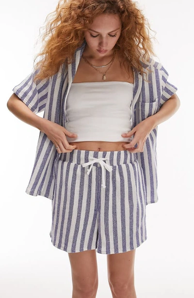 Shop Topshop Stripe Drawstring Cotton Shorts In Mid Blue