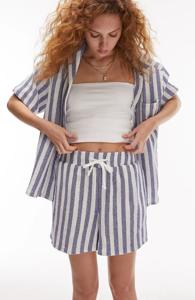 Topshop Woven Texture Blue Stripe Short Sleeve Shirt In Blue - Part Of A Set In Mid Blue