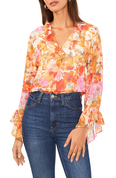 Shop Vince Camuto Floral Print Ruffle Top In White/ Tulip Red
