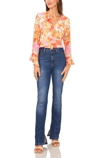 Shop Vince Camuto Floral Print Ruffle Top In White/ Tulip Red
