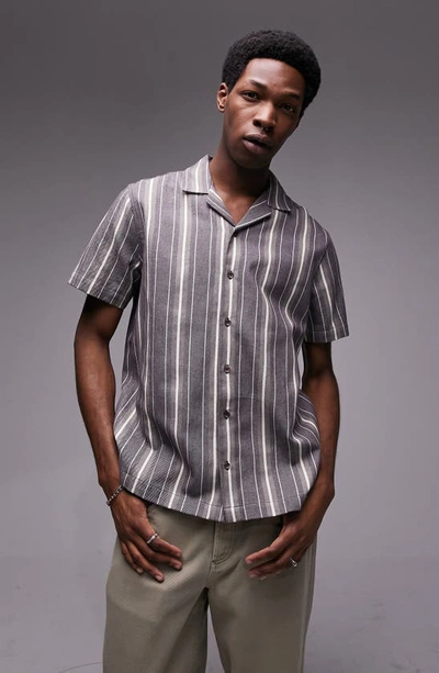 Shop Topman Vertical Stripe Regular Fit Camp Shirt In Grey Multi