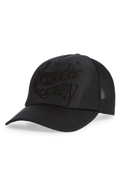 Shop Alexander Mcqueen Warped Logo Trucker Hat In Black/ Black