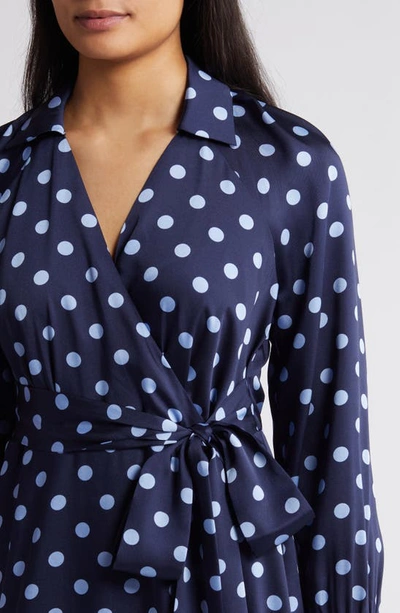 Shop Anne Klein Polka Dot Long Sleeve Faux Wrap Dress In Mdnght Nvy/ Cape Blue