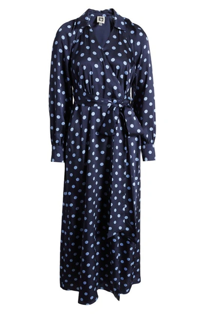 Shop Anne Klein Polka Dot Long Sleeve Faux Wrap Dress In Mdnght Nvy/ Cape Blue