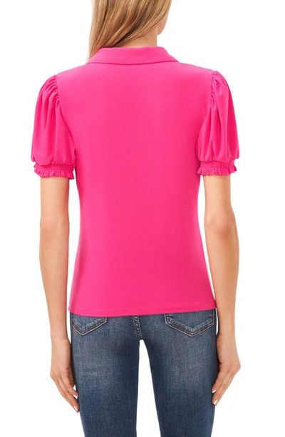 Shop Cece Short Puff Sleeve Knit Polo In Bright Rose Pink