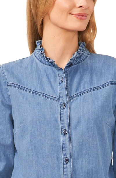 Cece Ruffle Denim Button-up Top In Chambray Blue