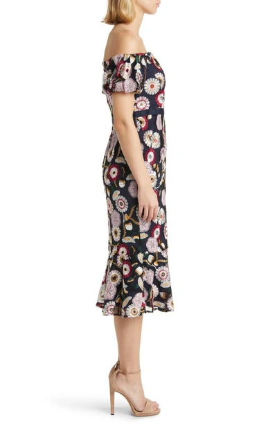 Shop Sam Edelman Helium Floral Embroidered Off The Shoulder Dress In Navy/ Blush Multi