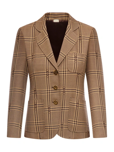 Shop Gucci Checked Wool Jacket With Bit In Brown