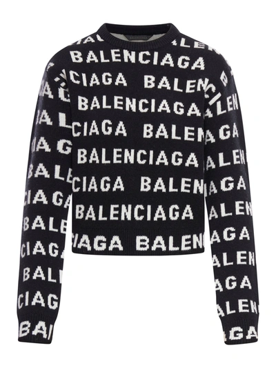 Shop Balenciaga Cropped Sweater Wool Logo Horizontal Knit In Black