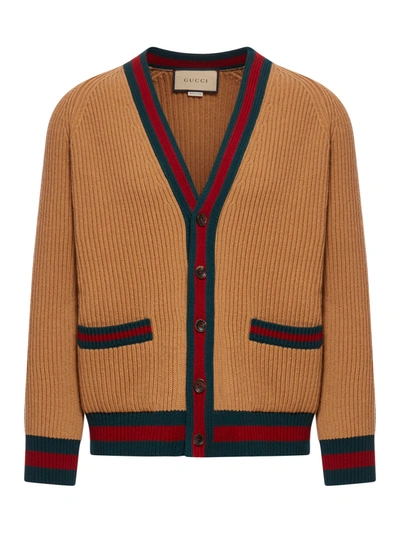 Shop Gucci Knitted Wool Cardigan With Web Ribbon In Brown