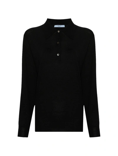 Shop Prada Polo Shirt With Triangular Logo In Cashmere In Black