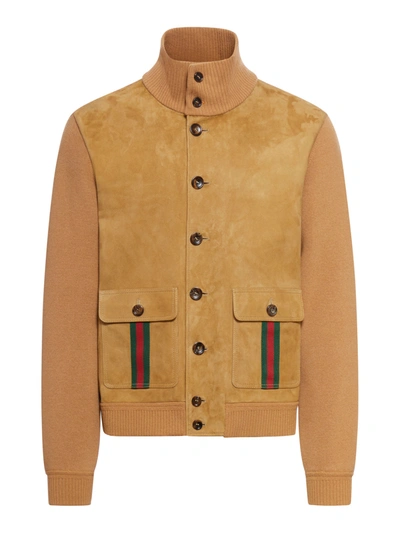 Shop Gucci Suede Leather Bomber Jacket With Web Details In Brown