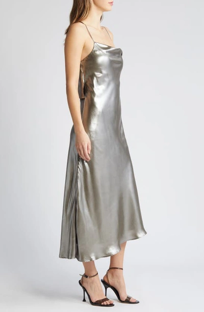 Shop Du Paradis Metallic Asymmetric Hem Dress In Olive Gloss
