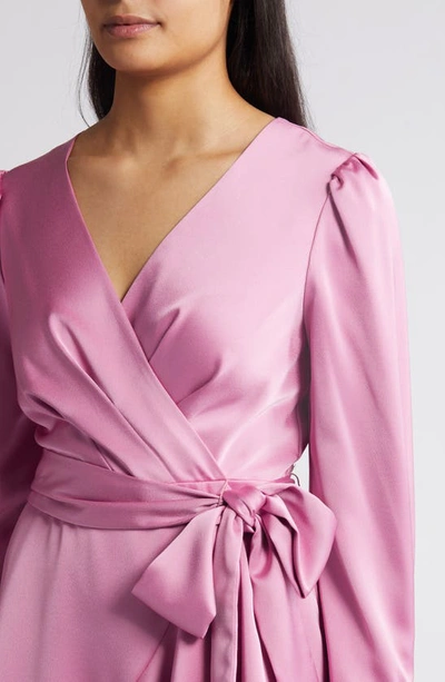 Shop Tahari Asl Wrap Front Long Sleeve Satin Charmeuse Dress In Pink Macaroon