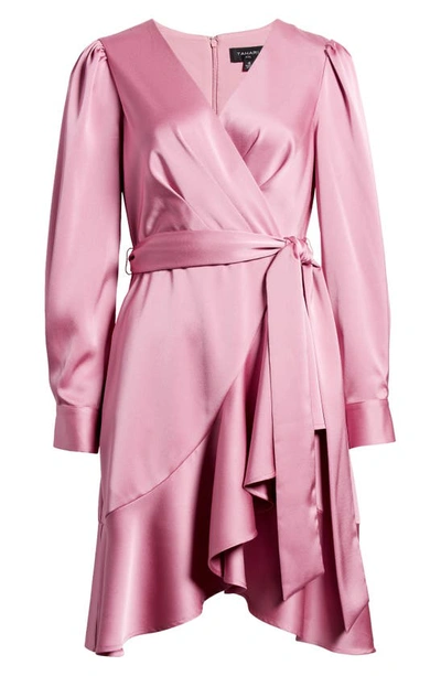 Shop Tahari Asl Wrap Front Long Sleeve Satin Charmeuse Dress In Pink Macaroon