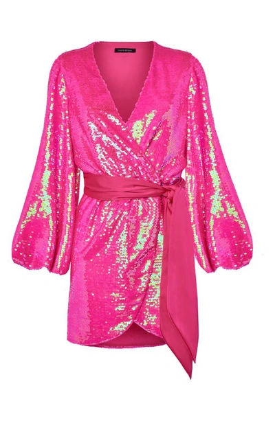 Shop Nadine Merabi Izzie Sequin Long Sleeve Wrap Dress In Bright Pink