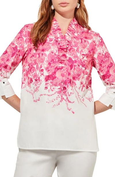 Shop Ming Wang Ruffle Collar Floral Cotton Shirt In Carmine Rose Multi