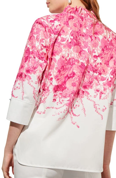Shop Ming Wang Ruffle Collar Floral Cotton Shirt In Carmine Rose Multi