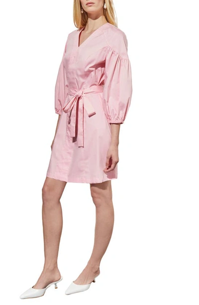 Shop Ming Wang Puff Sleeve Tie Belt Cotton Sheath Minidress In Perfect Pink