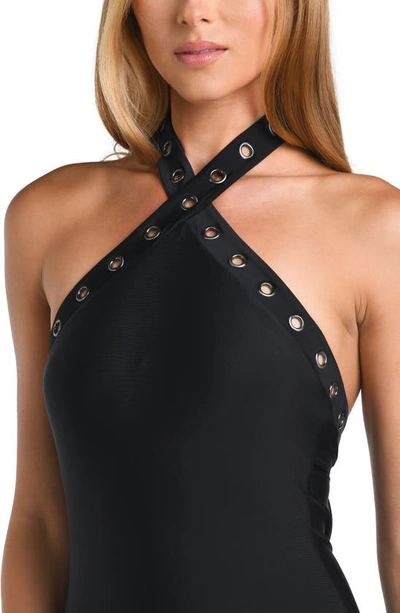 Shop L Agence Gabrielle Grommet Halter One-piece Swimsuit In Black
