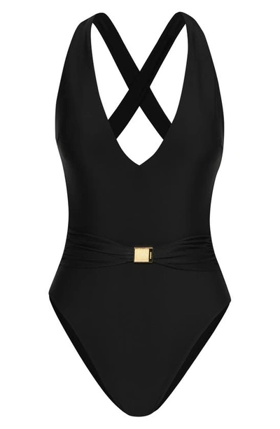 Shop L Agence Lisa Solid Plunge One-piece Swimsuit In Black